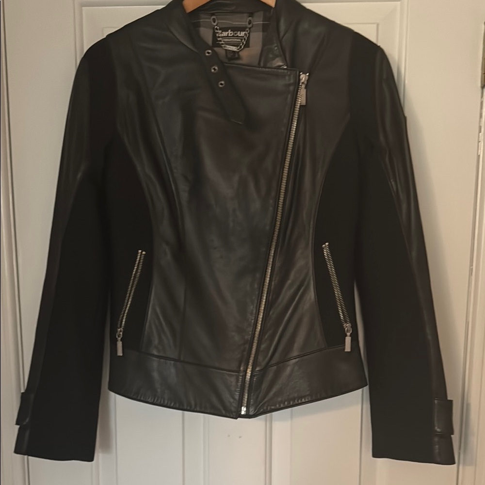Barbour Black Leather Moto Jacket Asymmetrical Design